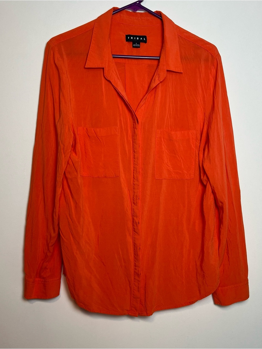 Tribal Orange Long Sleeve Button Down Blouse Shirt Pockets - Size L